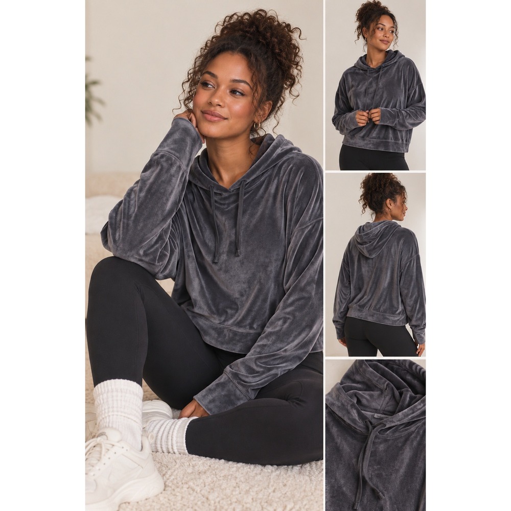 Offline by Aerie Velour Oversized Cropped Hoodie Charcoal Gray Size Large Lounge